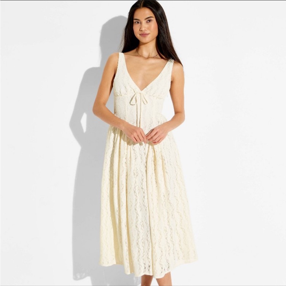 NEW Wild Fable Women’s Midi Lace Basque Empire Waist Dress in Cream - Medium